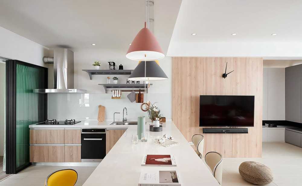 Contemporary Kitchen with Herringbone Tiling and Wood Flooring