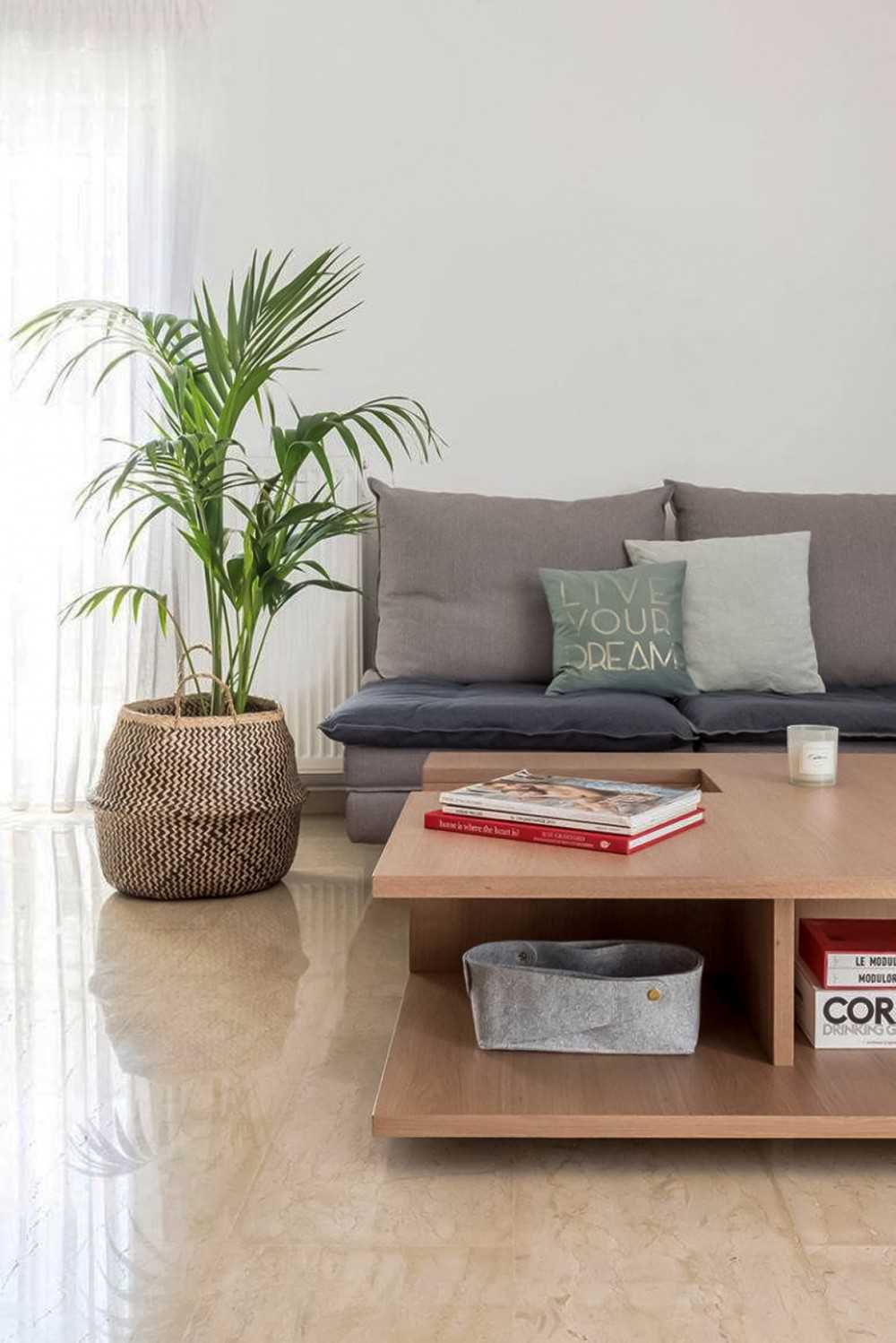 Contemporary Living Room with Granite Floor and Drop Ceiling