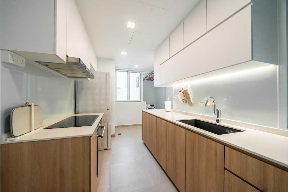 Contemporary Kitchen with Herringbone Tiling and Kitchen Window