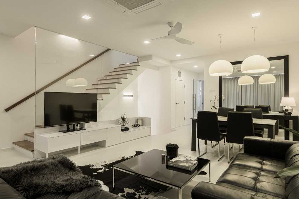 Minimalist Living Room with Herringbone Tiling and Marble Floor