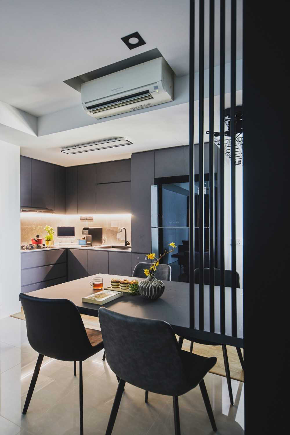 Minimalist Dining Room with Kitchen Cabinets and Lighting