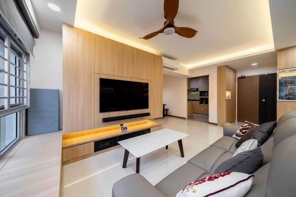 Scandinavian Living Room with TV Console and Feature Wall