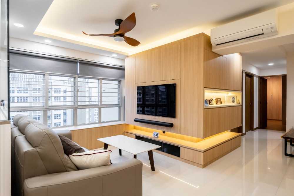 Scandinavian Living Room with Homogeneous Tiles and TV Console