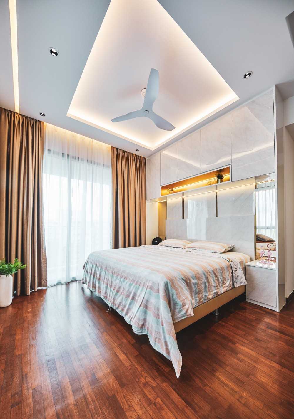 Modern Bedroom with Cove Lighting and Storage Cabinets