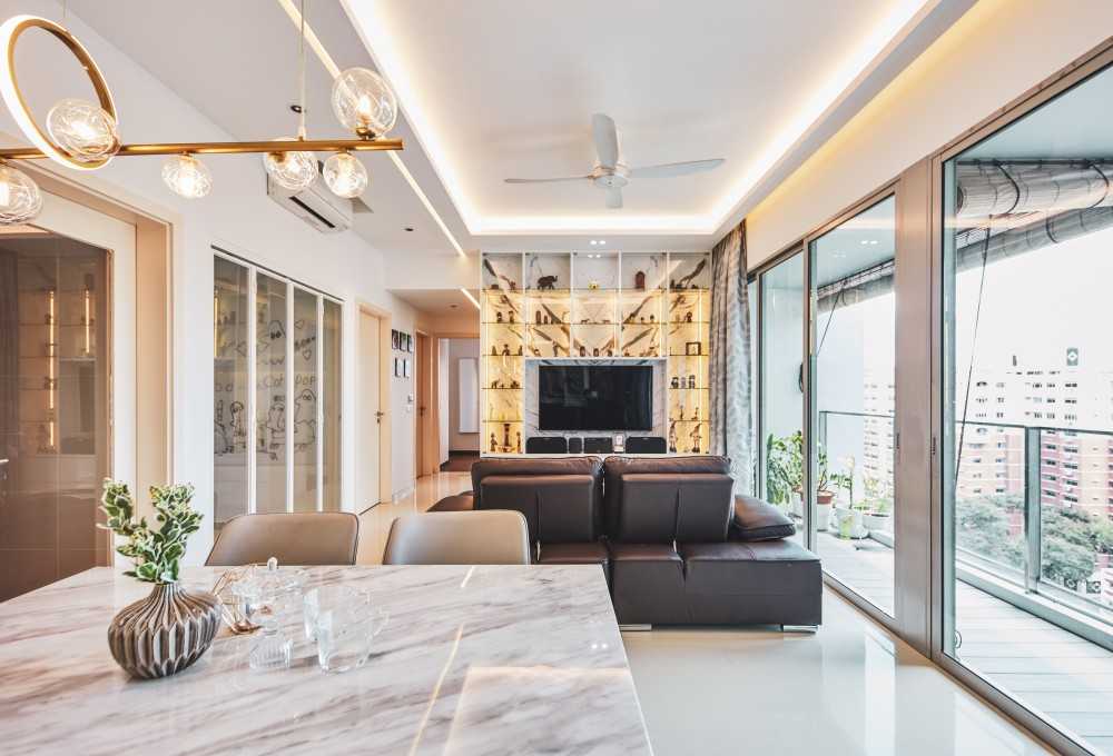 Modern Living Room with Bookshelf and TV Console