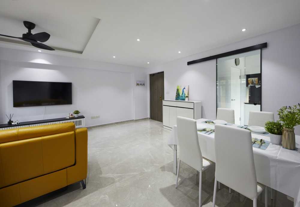 Contemporary Living Room with Homogeneous Tiles and Glass Door
