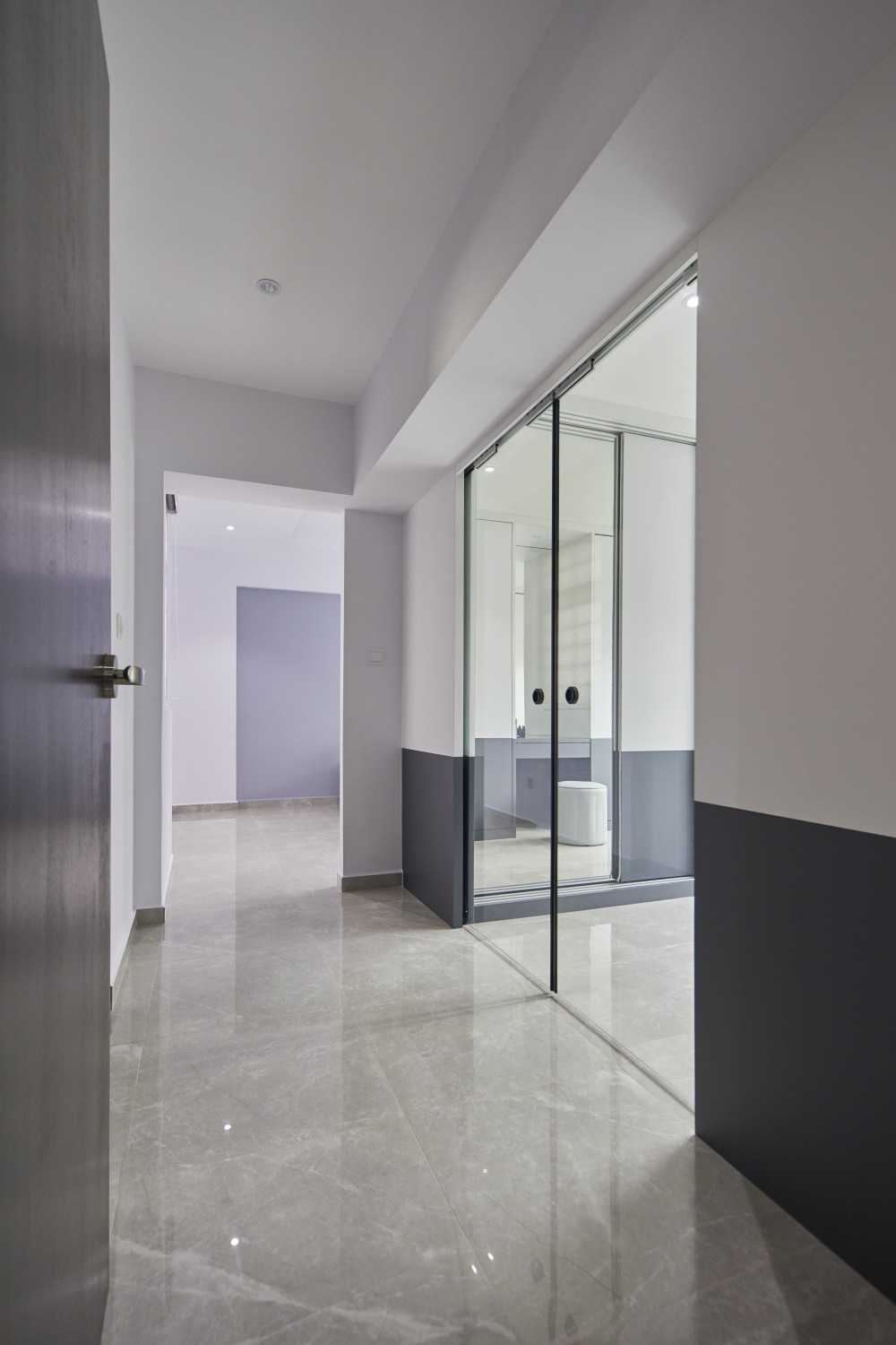 Contemporary Bedroom with Homogeneous Tiles and Glass Door