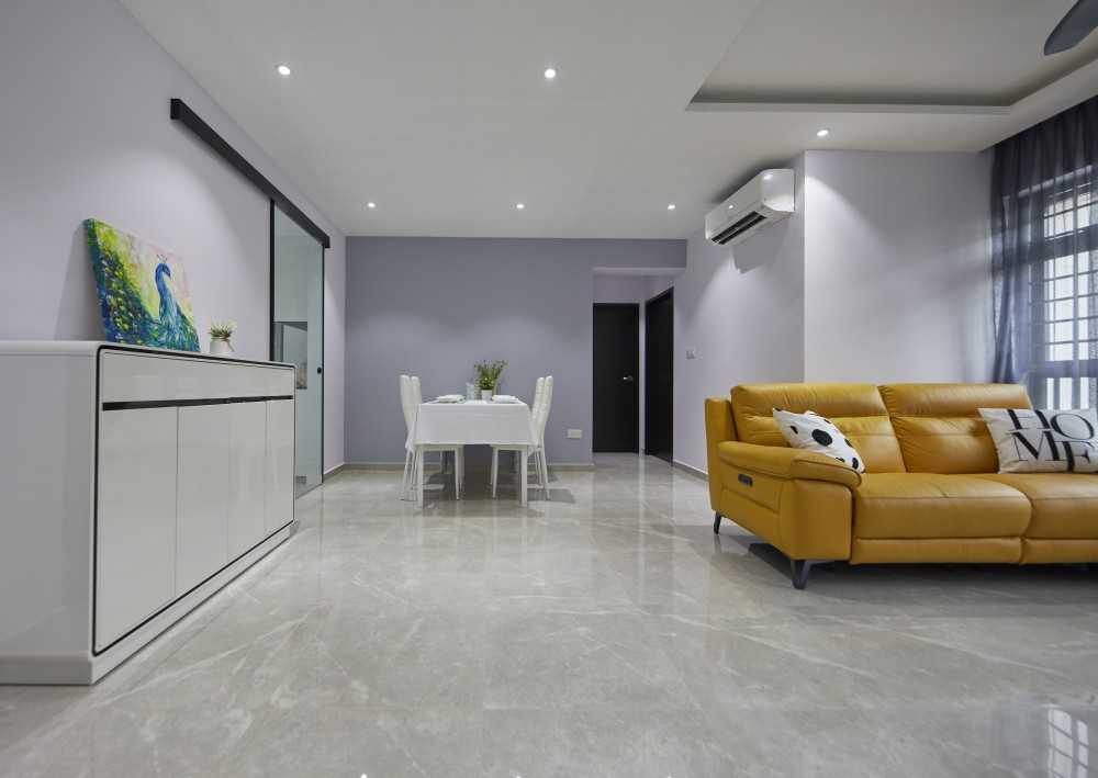 Contemporary Living Room with Homogeneous Tiles and Downlights