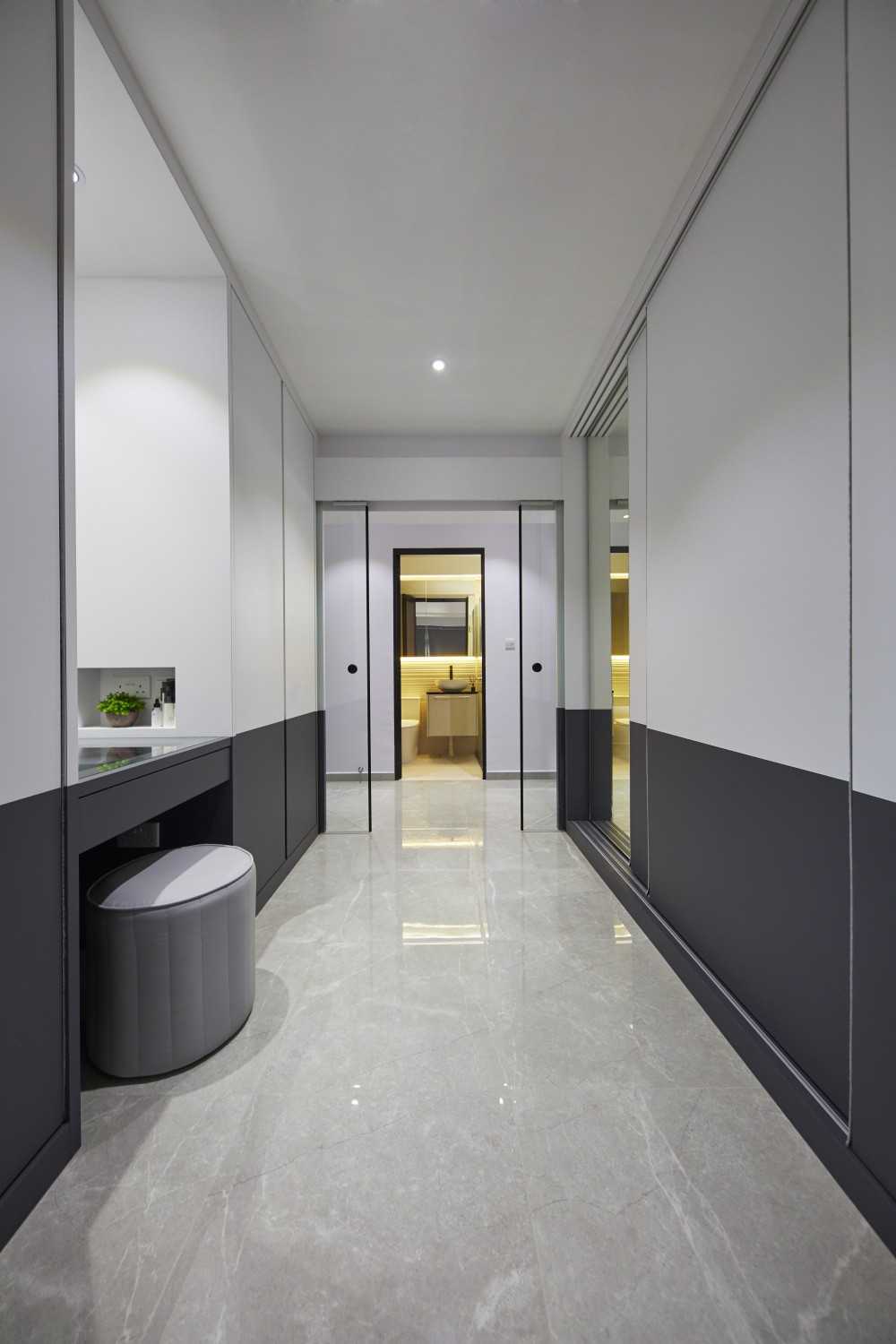 Contemporary Bedroom with Homogeneous Tiles and Wardrobe