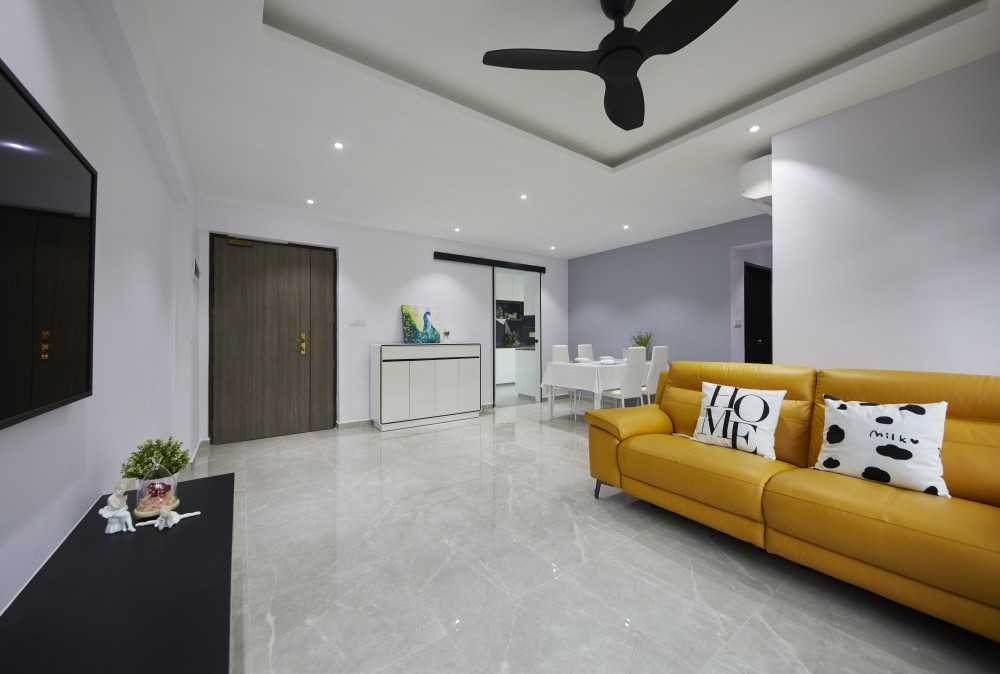 Contemporary Living Room with Homogeneous Tiles and Downlights