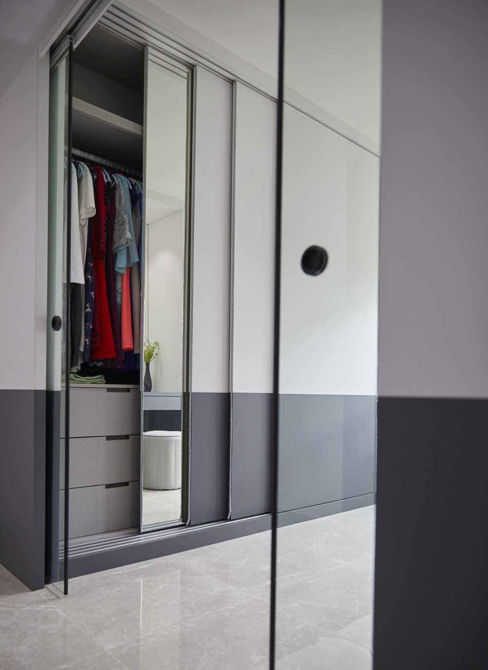 Contemporary Bedroom with Homogeneous Tiles and Glass Door
