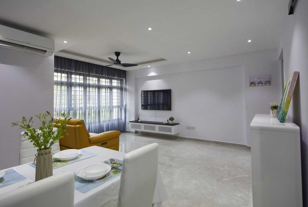 Contemporary Living Room with Homogeneous Tiles and TV Console
