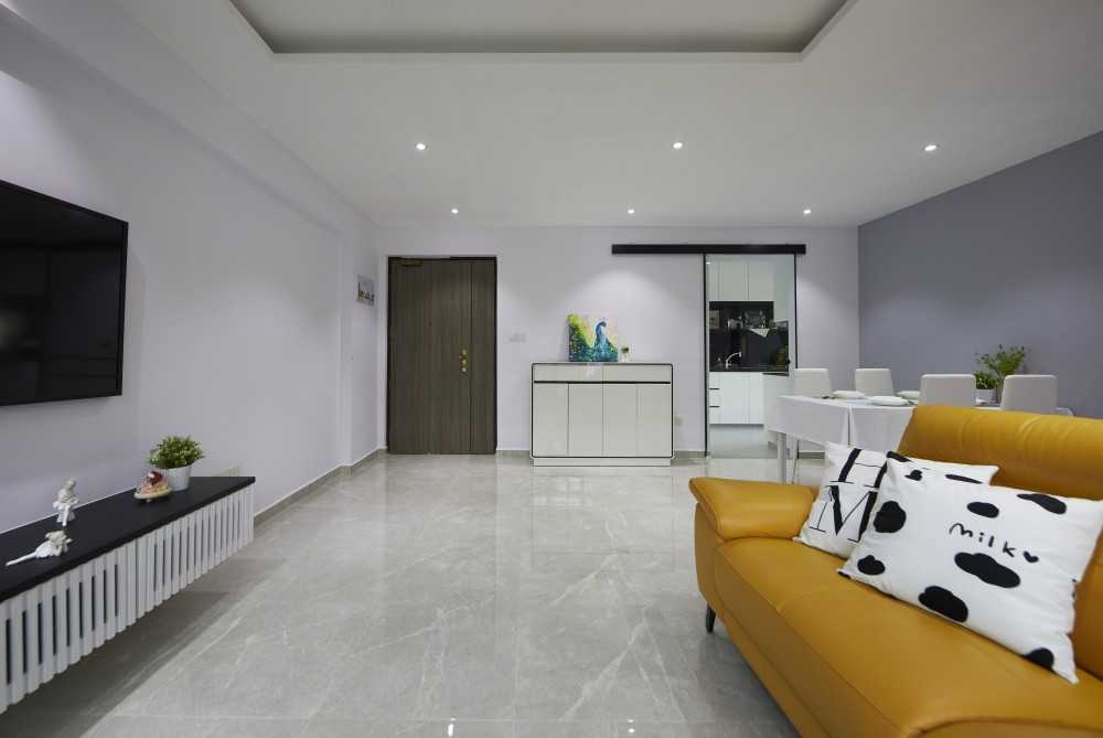 Contemporary Living Room with Homogeneous Tiles and TV Console