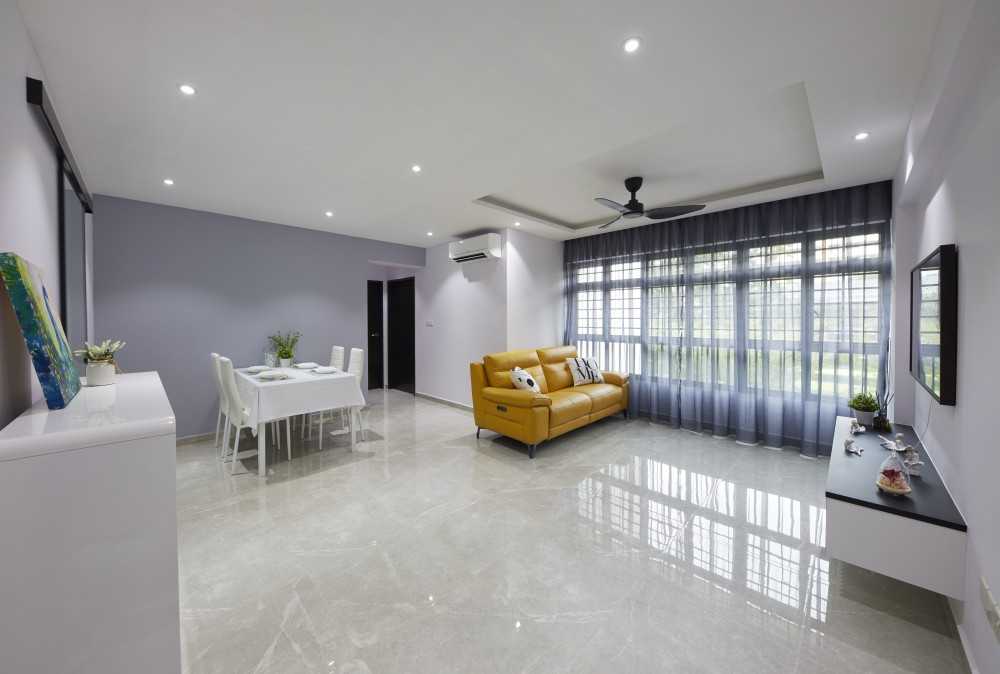 Contemporary Living Room with Homogeneous Tiles and TV Console