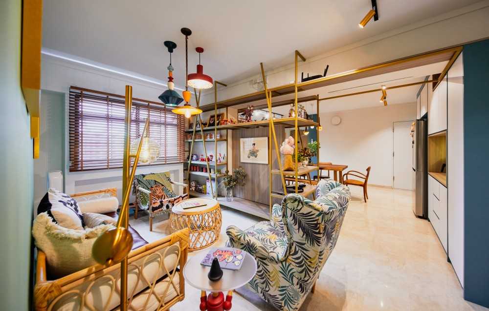 Eclectic Living Room with Marble Floor and TV Console