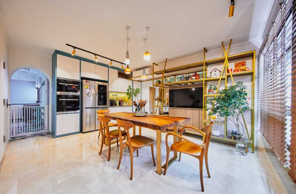 Eclectic Living Room with Marble Floor and TV Console