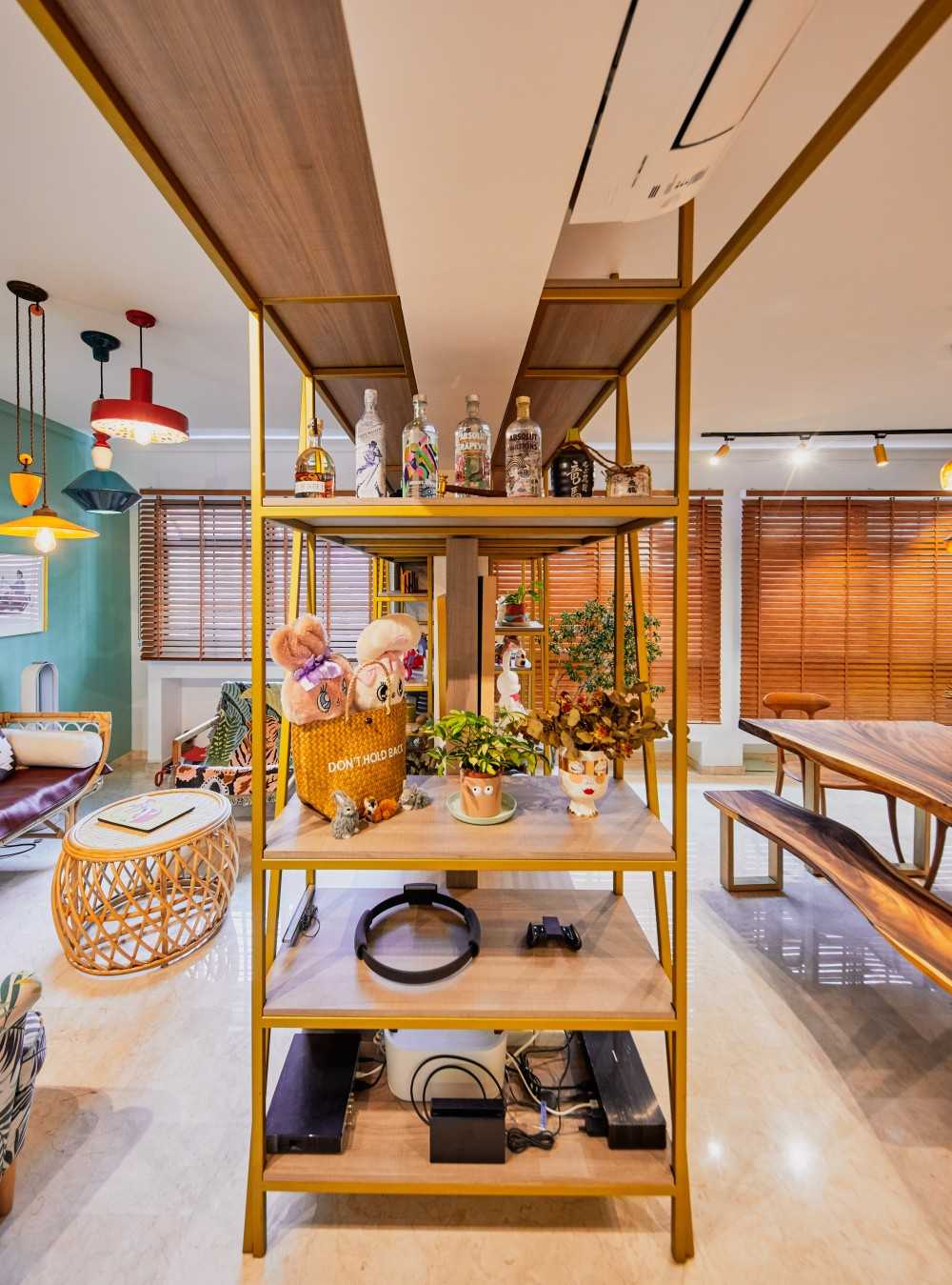 Eclectic Living Room with Marble Floor and TV Console