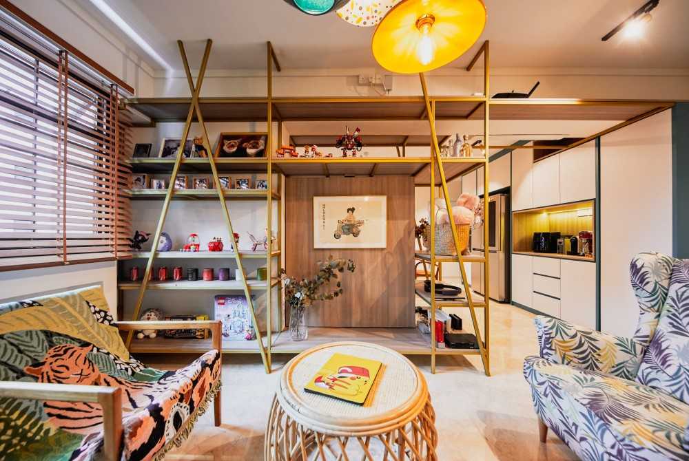 Eclectic Living Room with Marble Floor and TV Console