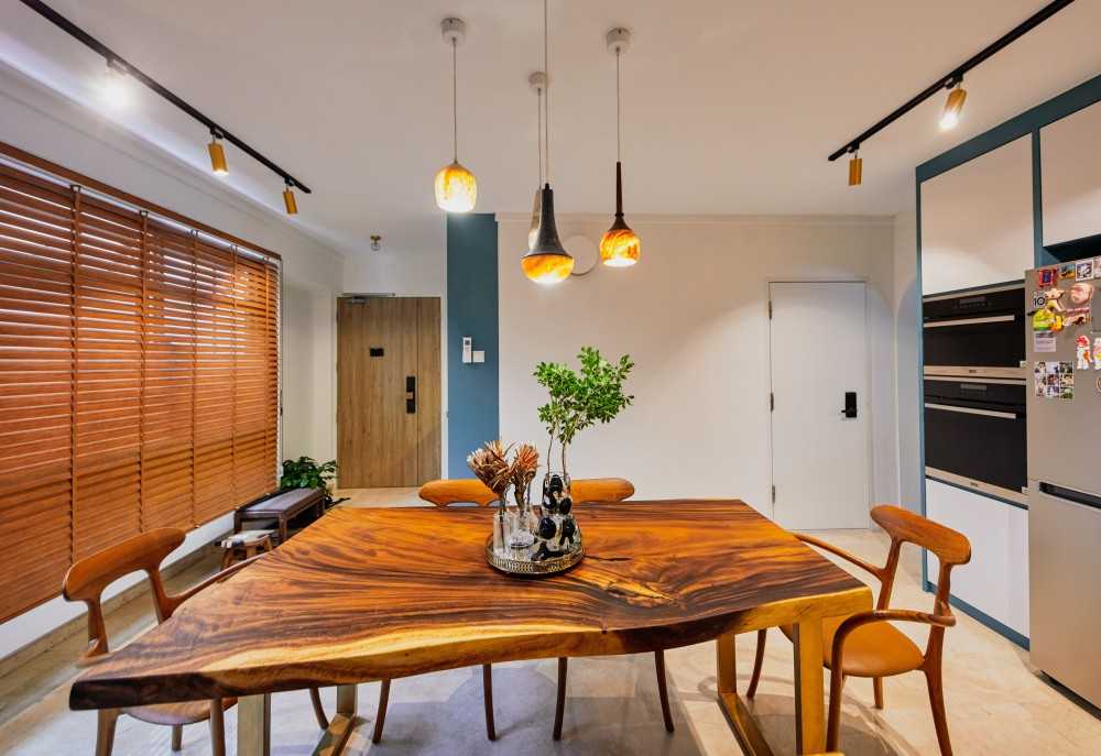 Eclectic Living Room with Marble Floor and Drop Light
