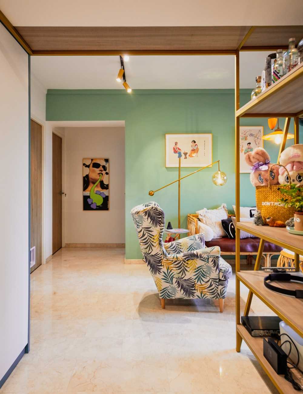 Eclectic Living Room with Marble Floor and TV Console