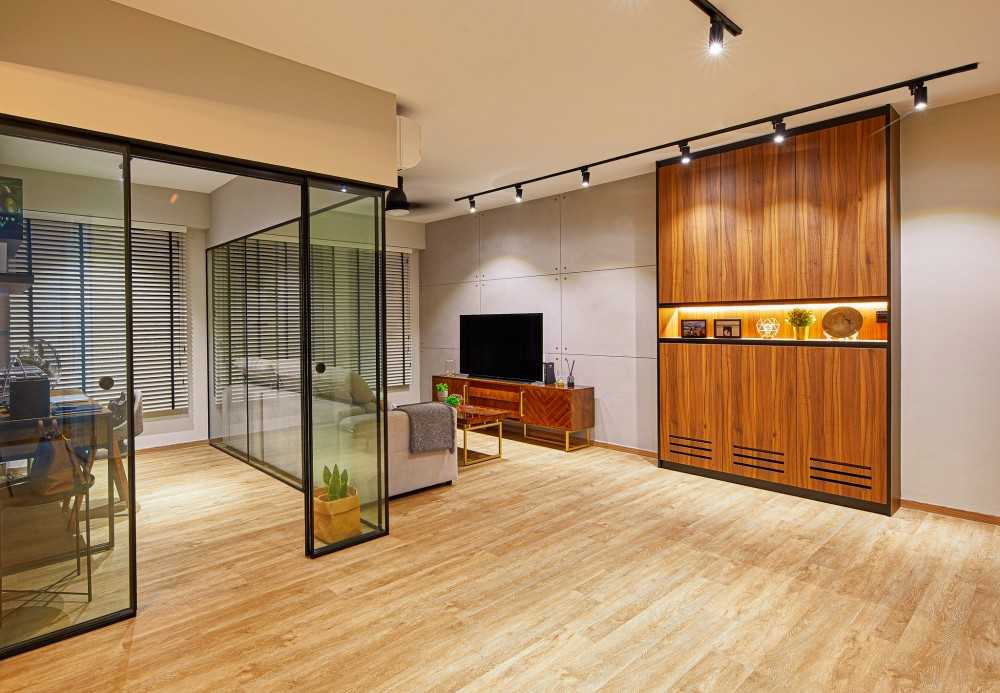 Eclectic Living Room with Vinyl Flooring and TV Console