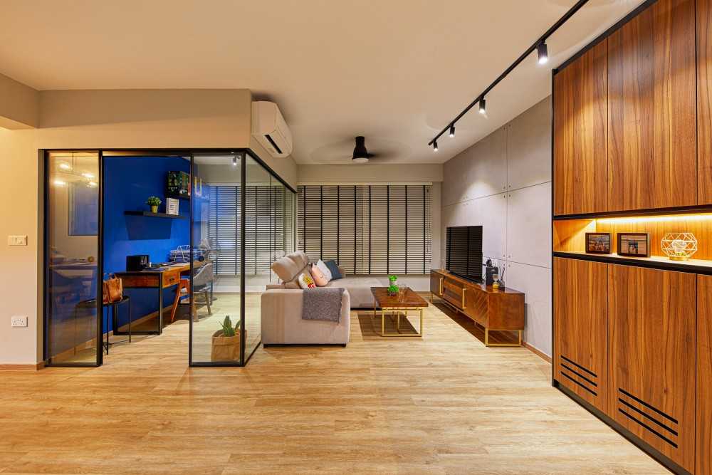Eclectic Living Room with Vinyl Flooring and TV Console