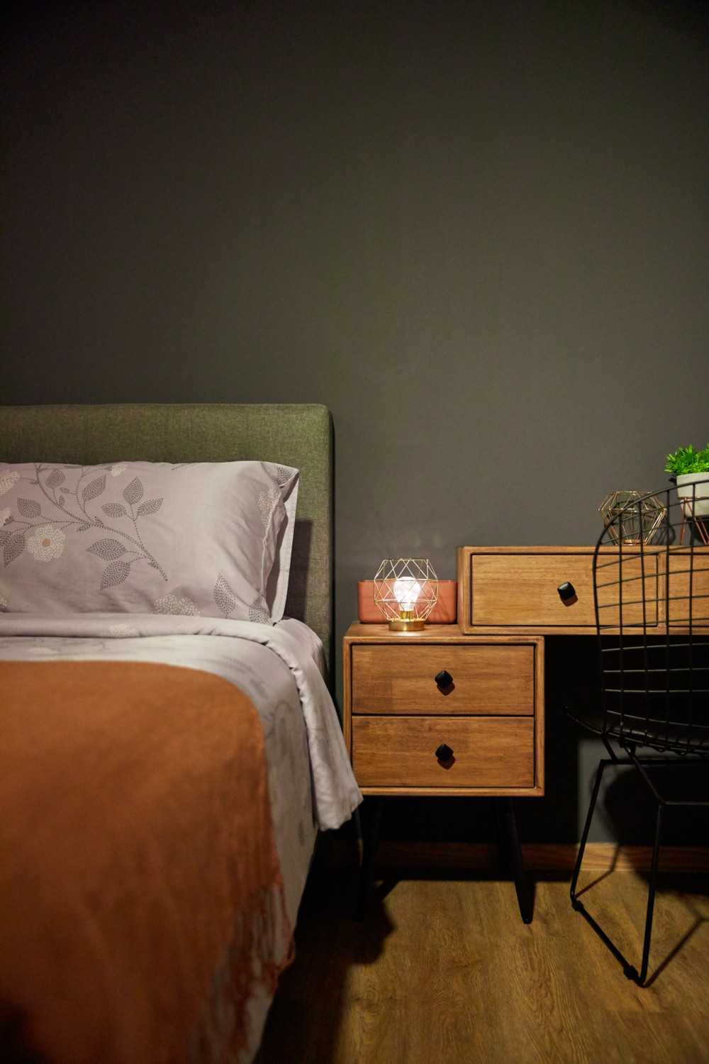 Eclectic Bedroom with Bedside Table and Bedroom Dresser