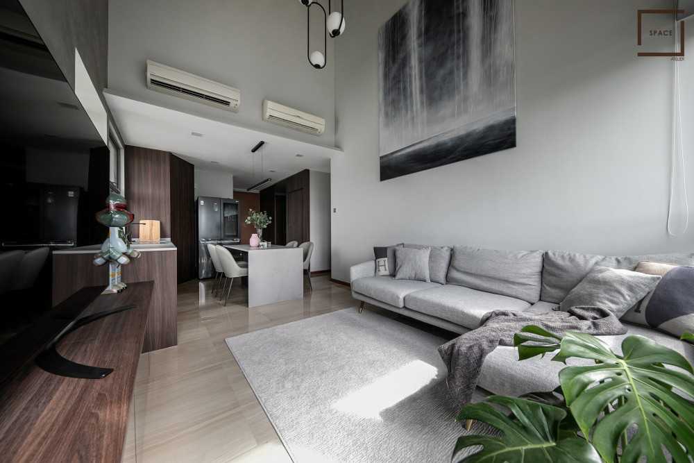 Contemporary Living Room with Homogeneous Tiles and TV Console
