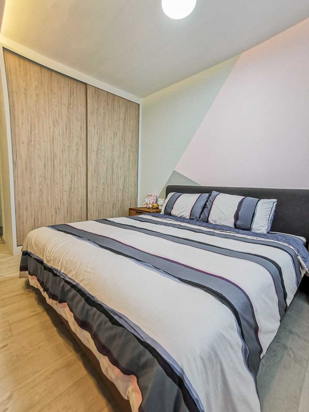 Scandinavian Bedroom with Vinyl Flooring and Feature Wall