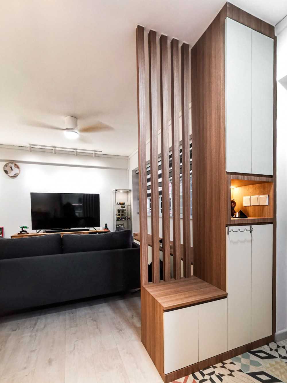 Scandinavian Entryway with Seating Bench and Shoe Rack