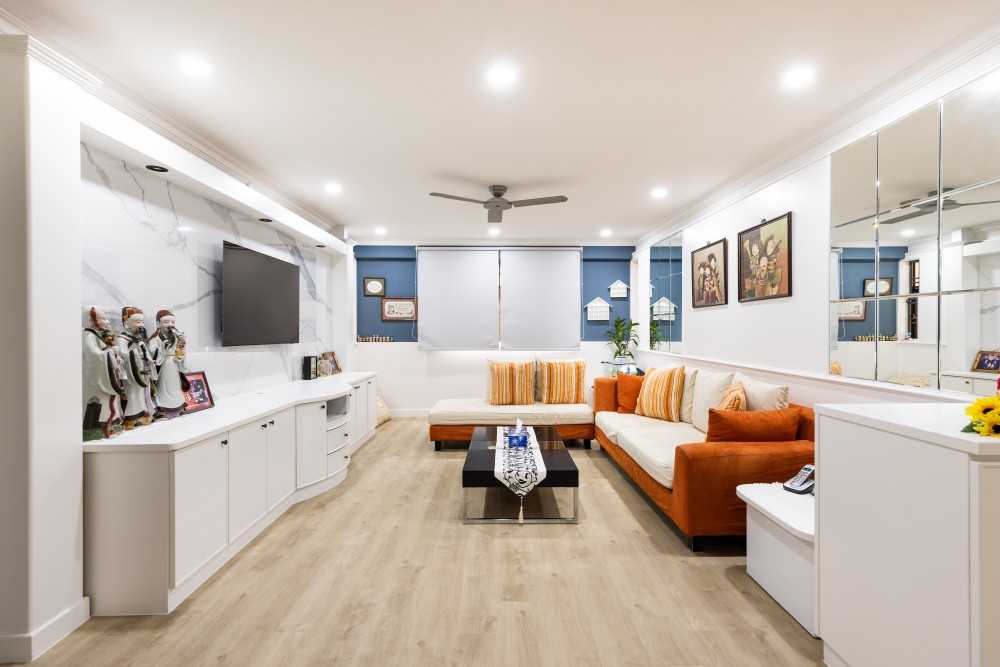 Transitional Living Room with Vinyl Flooring and Feature Wall