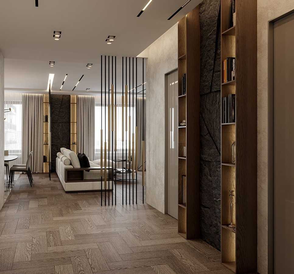 Contemporary Living Room with Bookshelf and Parquet Floor