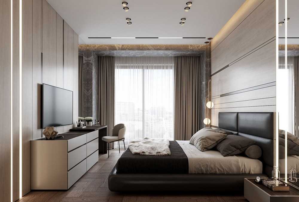 Contemporary Bedroom with Parquet Floor and Drop Ceiling