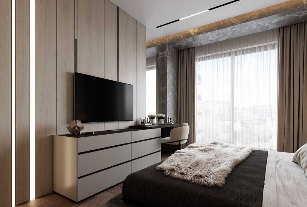 Contemporary Bedroom with Parquet Floor and Cove Lighting