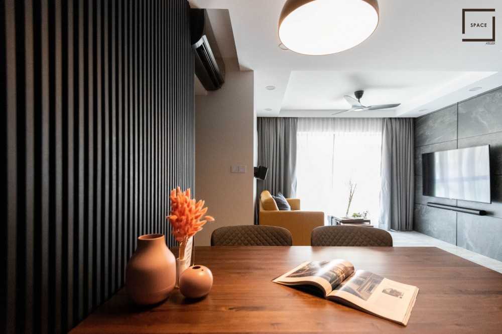 Contemporary Dining Room with Chandelier and Downlights