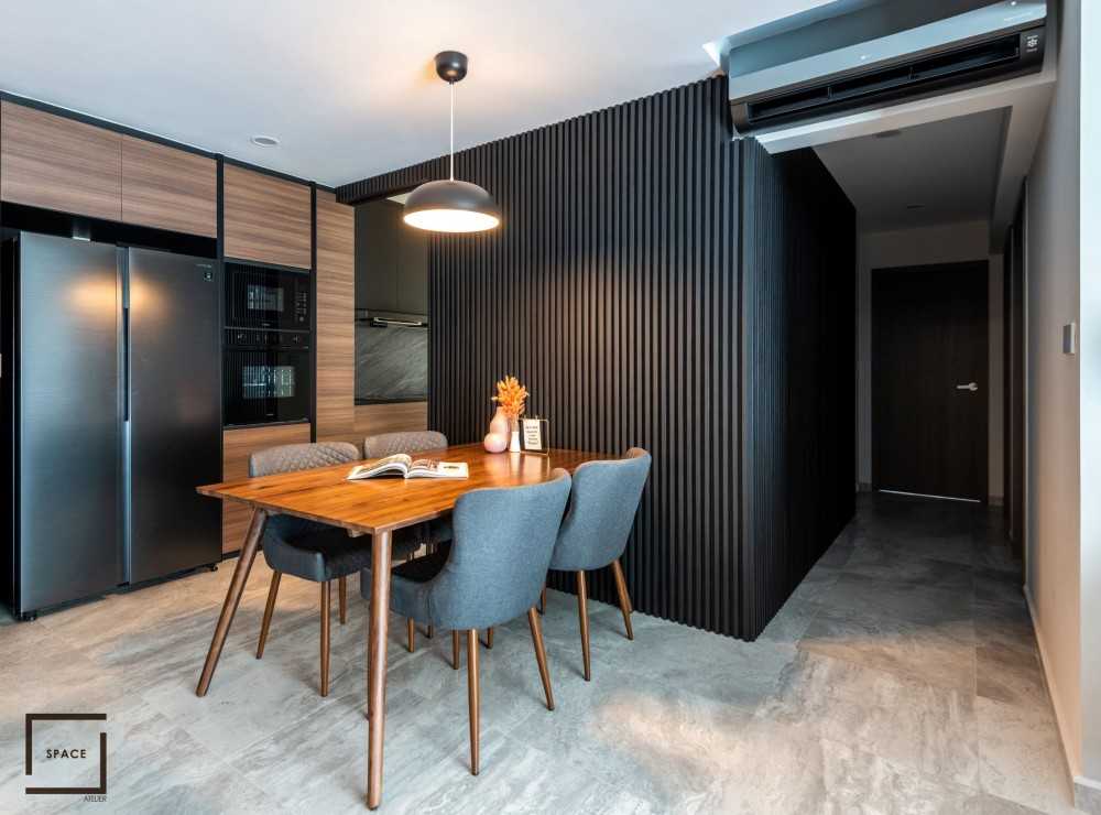 Contemporary Dining Room with Drop Ceiling and Downlights