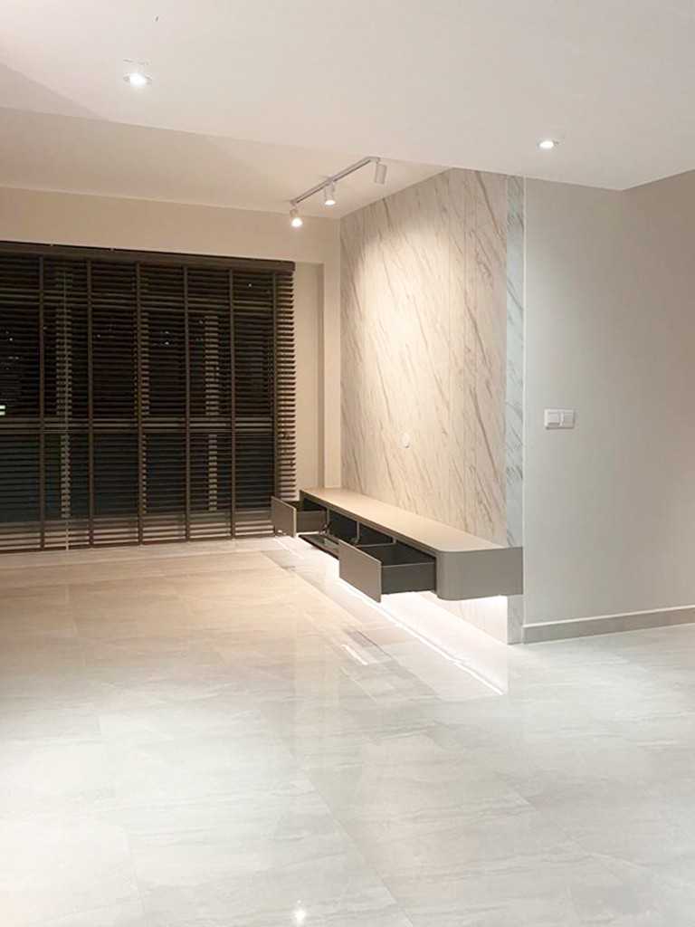 Modern Living Room with Homogeneous Tiles and TV Console