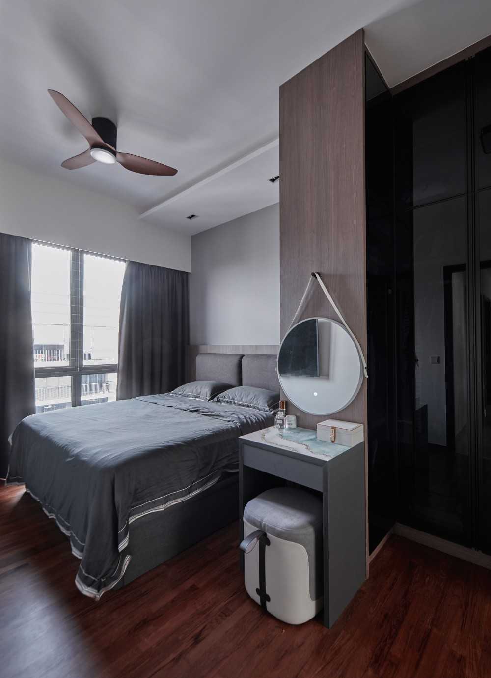 Modern Bedroom with Parquet Floor and Wardrobe