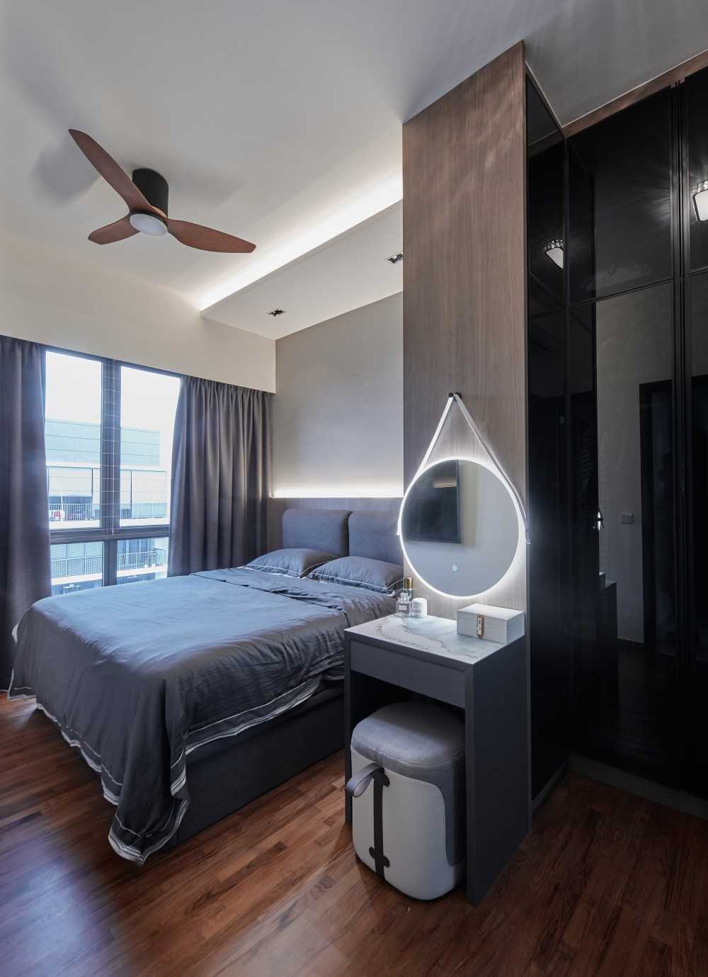 Modern Bedroom with Parquet Floor and Cove Lighting