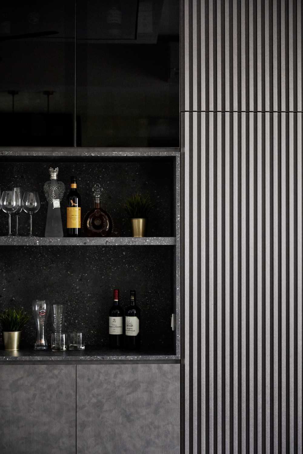 Modern Living Room with Drinkware and Storage Cabinets