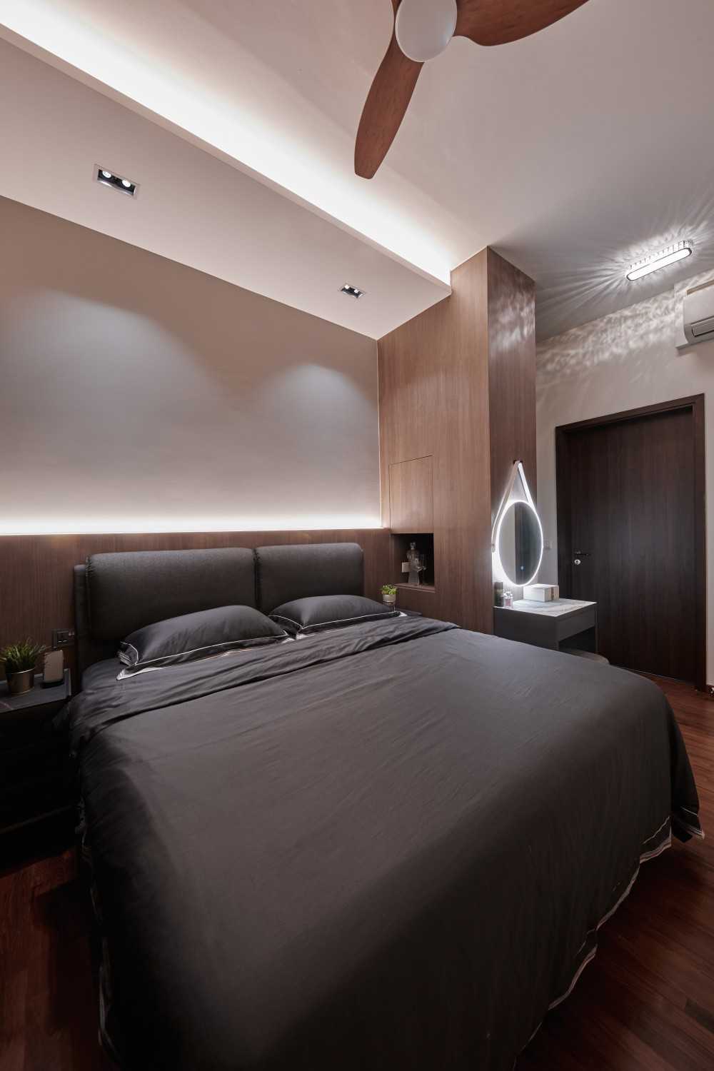 Modern Bedroom with Parquet Floor and Cove Lighting