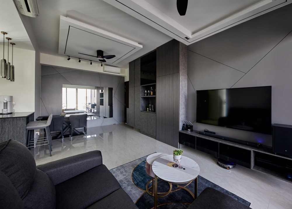 Modern Living Room with Homogeneous Tiles and TV Console