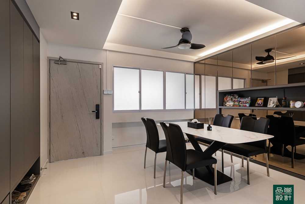 Modern Dining Room with Homogeneous Tiles and Mirror