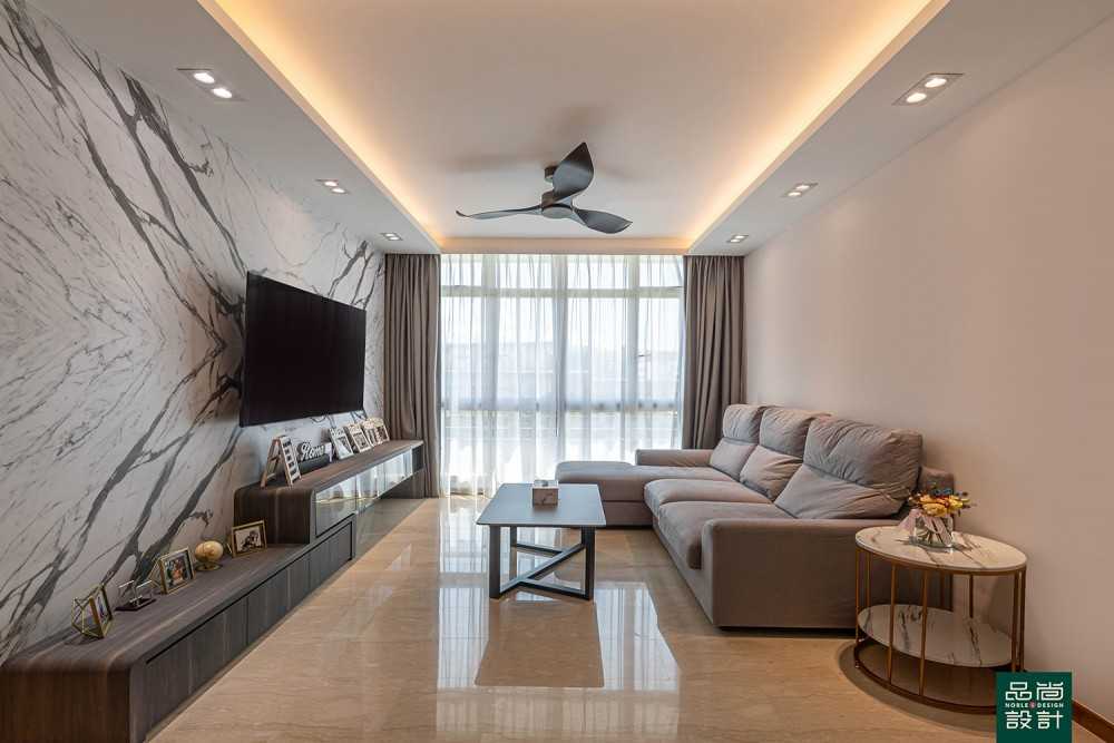 Scandinavian Living Room with Marble Floor and TV Console