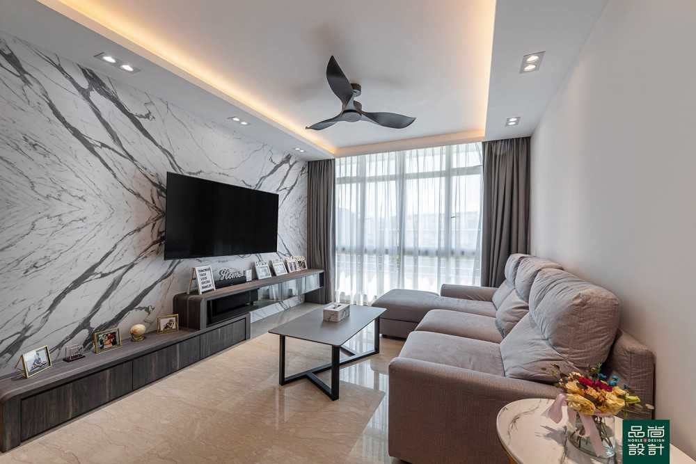 Scandinavian Living Room with Marble Floor and TV Console