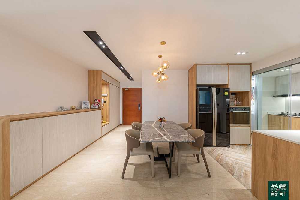 Scandinavian Dining Room with Homogeneous Tiles and Ceiling Light