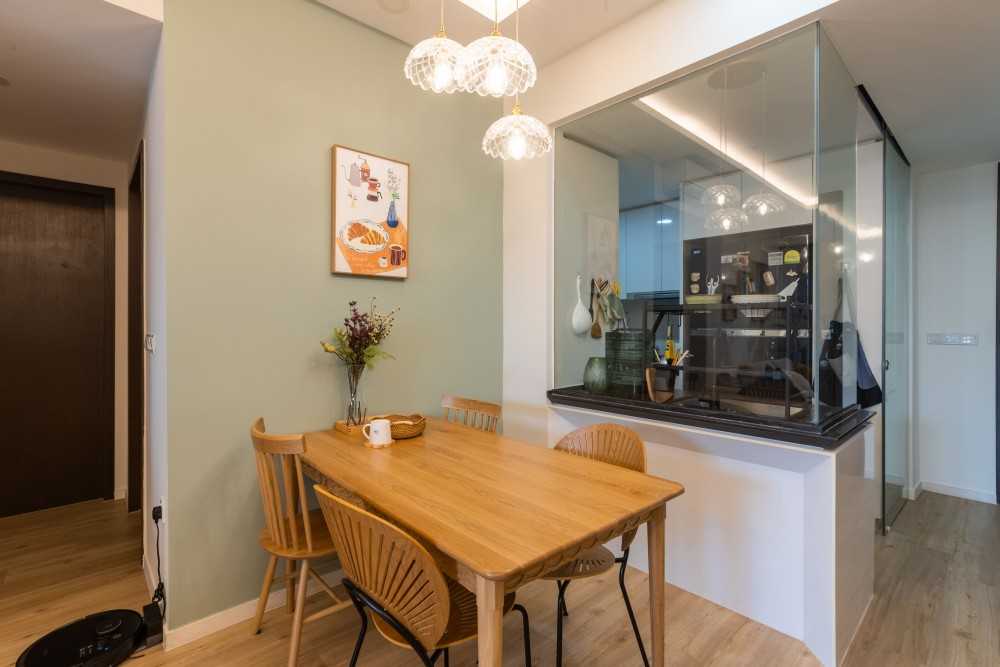 Scandinavian Dining Room with Chandelier and Dining Table
