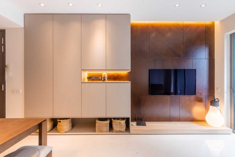 Contemporary Living Room with Bookshelf and Marble Floor