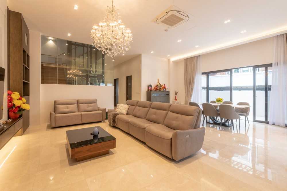 Modern Living Room with Marble Floor and Cove Lighting