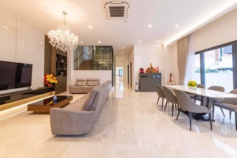 Modern Dining Room with Cove Lighting and Chandelier